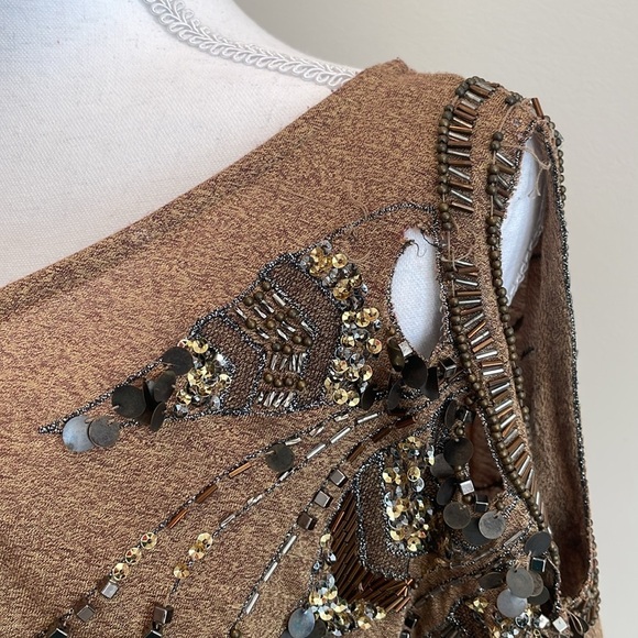 Miss Me Brown Open Shoulder Beaded Sequined Top. Medium - Picture 5 of 10